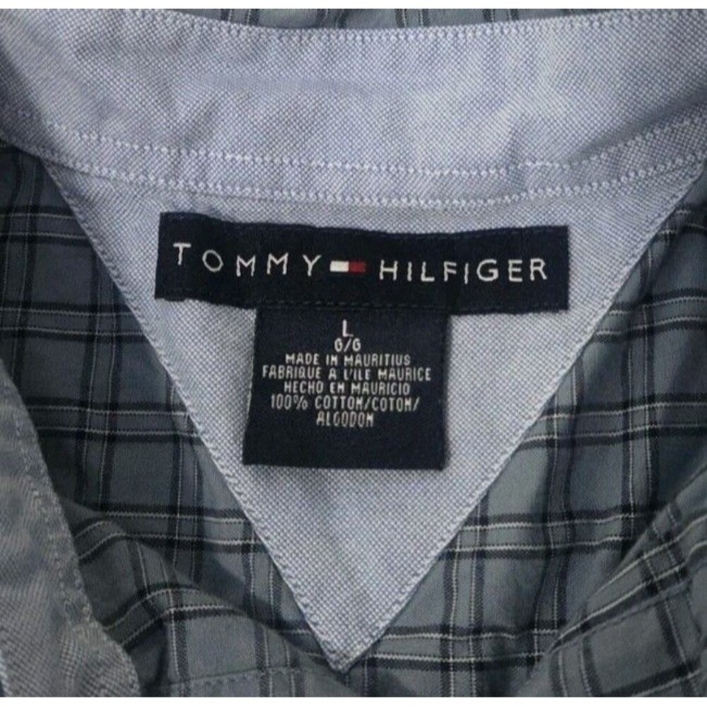 Tommy Hilfiger Men's L Plaid Button Up Shirt Blue Gray 100% Cotton Mauritius - Picture 4 of 5